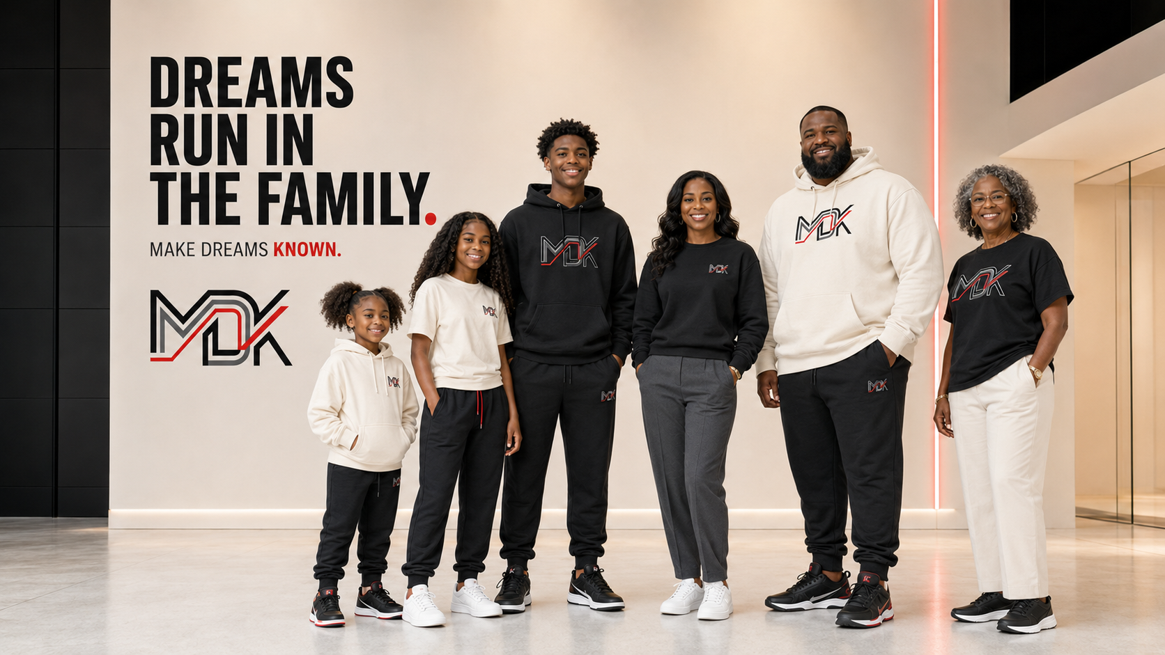 MDK campaign: three generations of a family in MDK hoodies, tees and joggers in front of a Dreams Run In The Family wall